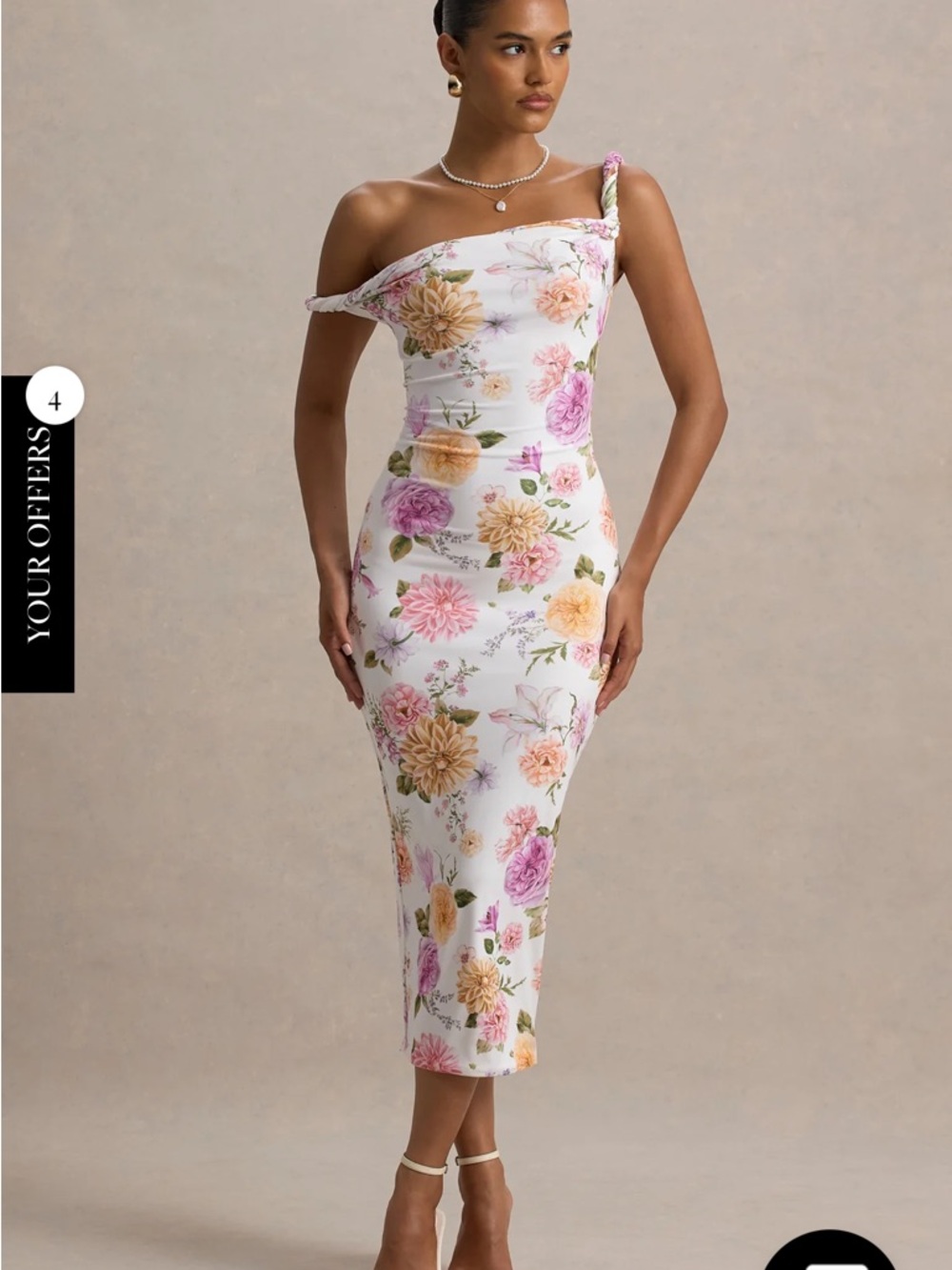 Club L London (Nora) White One-Shoulder Floral Midi Dress (Bump Friendly)